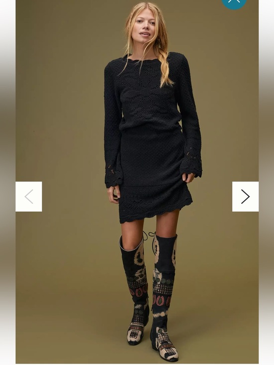 Anthropologie Dresses & Skirts - Anthropologie Crochet Skirt Set Black Knit Floral Retro Bell Sleeve Sweater M